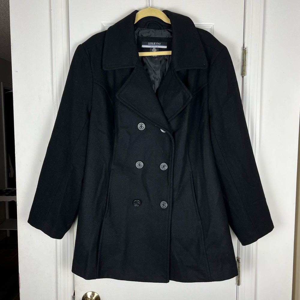 Vintage Leslie Fay Woman Wool Blend Double Breasted Pea Coat Sz 22W Black Lined